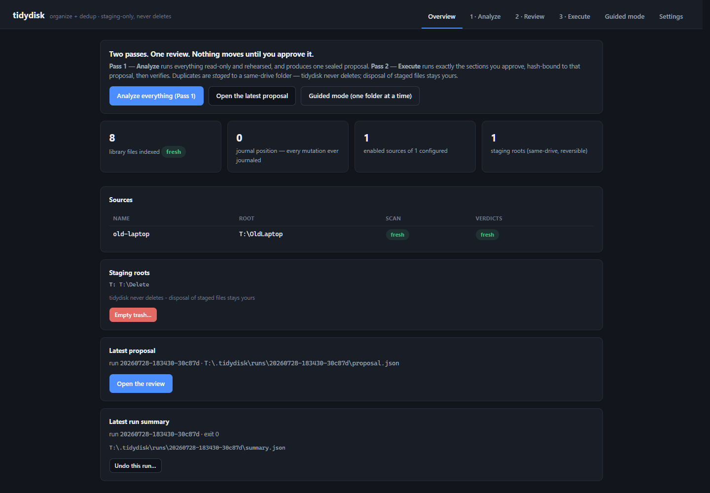 tidydisk overview screen: library index stats, sources, staging roots, and the latest sealed proposal